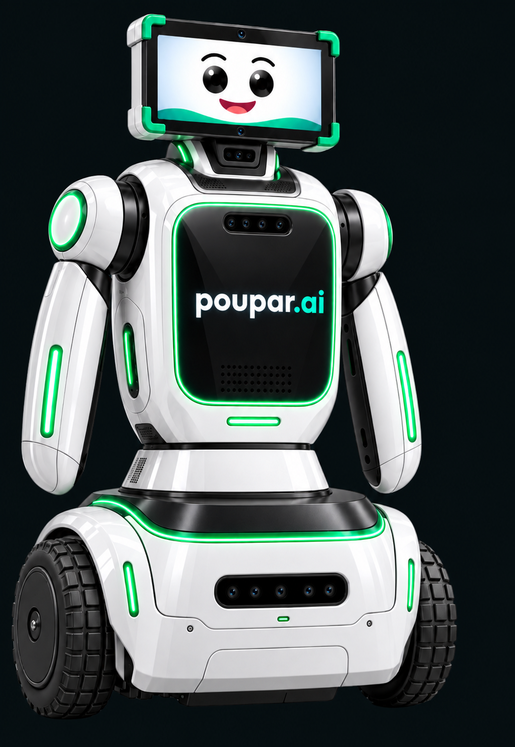 Poup Pro, robô da Poupar com base larga, rodas externas com sulcos e detalhes verdes